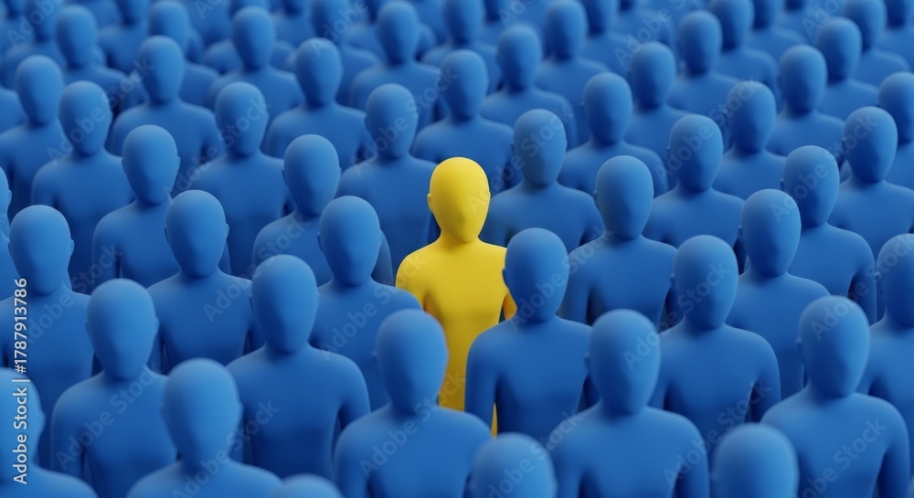 Obraz premium One vibrant yellow figure standing out amongst the crowd of similar blue figures in a leadership concept
