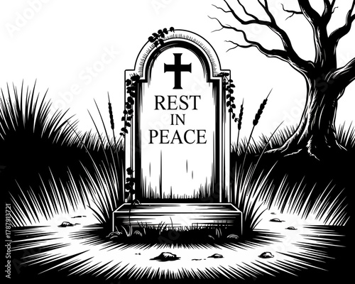 Gravestone with rest in peace inscription and a cross in a graveyard setting