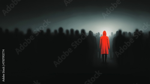 Figure in a red coat stands alone among a crowd in a foggy environment, evoking mystery and intrigue in a dimly lit scene
