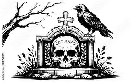 Skull tombstone with crow and bare tree branches in vintage style