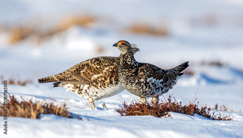 Fototapeta premium Two patterned birds with red accents on their heads stand close on a snowy landscape. Brown, wintery shrubs dot the snow. Background is out of focus