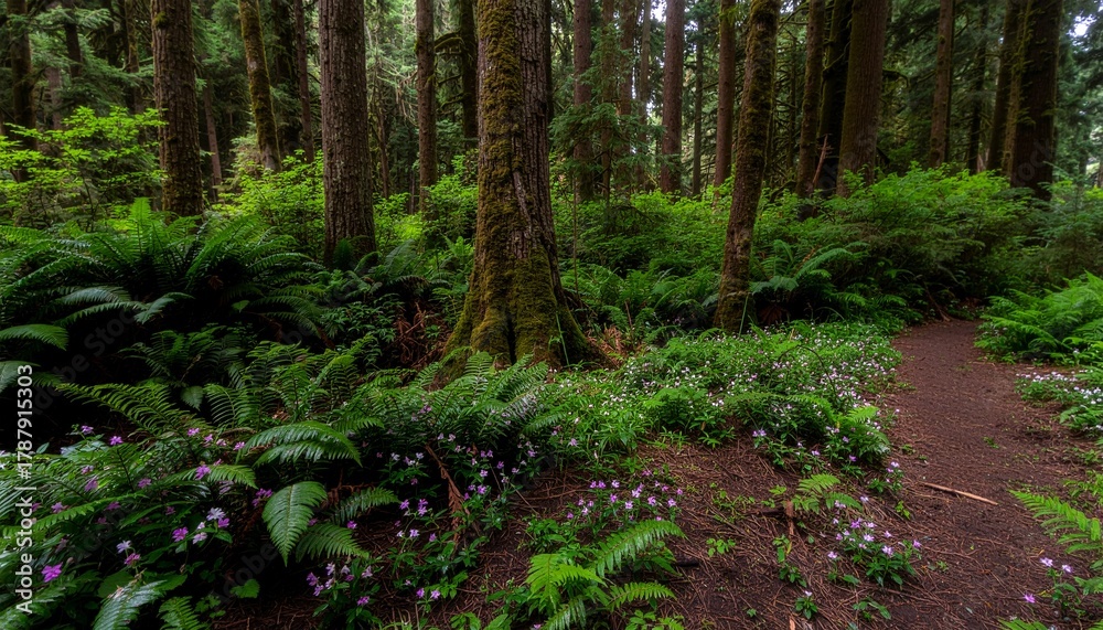 Obraz premium Lush Forest Path A Serene Walk Amidst Towering Trees and Vibrant Greenery