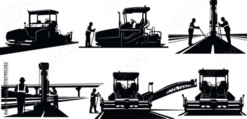 Road construction silhouette set, cartoon workers and heavy machinery illustration, vector paving and surveying concept, infrastructure development scene, black and white graphic