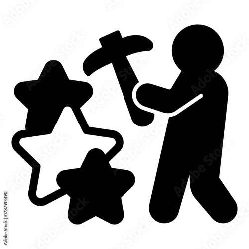 Worker man with pickaxe and stars solid icon, metaverse concept. Vector graphics. Crypto miner and game points sign on white background, style icon mobile or web design.