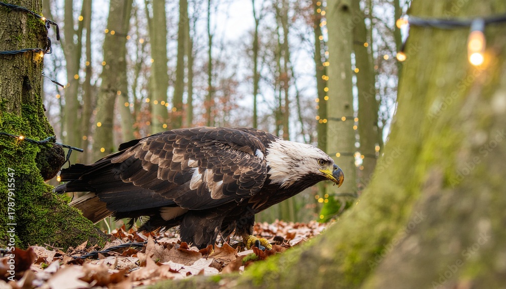 Fototapeta premium Majestic eagle foraging amongst fallen leaves in a serene forest setting, adorned with delicate fairy lights