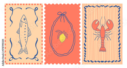 Retro travel poststamp illustration. Vintage italian holiday design. Summer postcard from Italy with lemon, sardines, lobster. Seaside vector background.