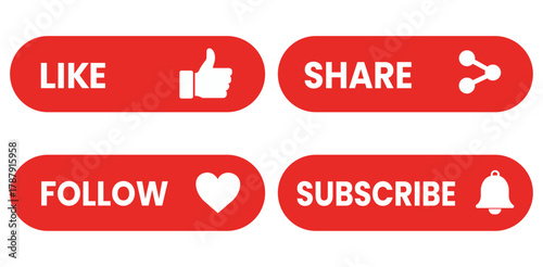 Social Media Engagement Red Buttons Like Share Follow Subscribe Icons Interaction Connection and Notification Vector