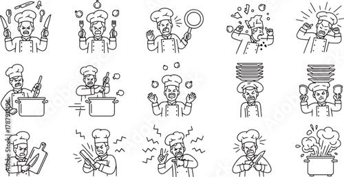 Angry chef set of illustrations with stressed cook in uniform feeling frustrated