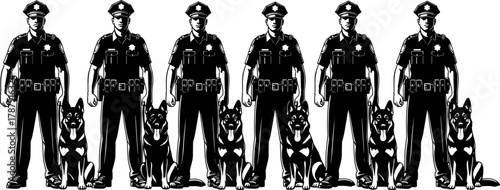 Row of police officers with German Shepherd dogs, law enforcement K9 unit silhouettes, teamwork, discipline, security, patrol partners, uniformed service illustration