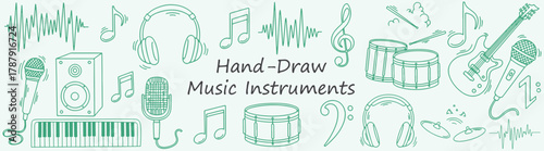 Hand Drawn Music Instruments Guitar Piano Drums Microphone and Headphones for Musicians Producers and Music Lovers