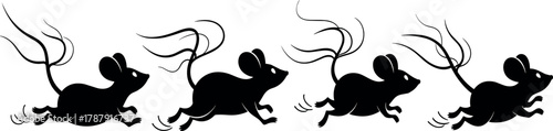 Running mouse silhouettes with motion lines, stylized animal illustration, energetic vector design for animation, logo, editorial, and kids decor use
