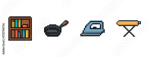 Pixel art collection: bookshelf, pan, iron, board icons on white background