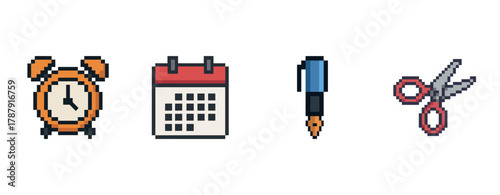 Pixel art icons: alarm clock, calendar, pen, scissors on white background