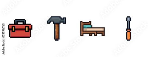 Pixel art tools and furniture: toolbox, hammer, bed, screwdriver