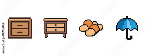 Pixel art furniture and accessories: drawers, nightstand, slippers, umbrella