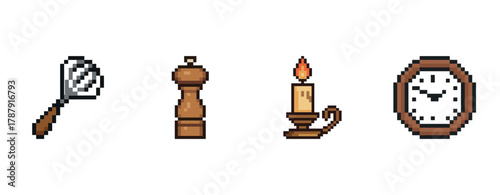 Pixel art magnifying glass, pepper mill, candle, and clock on white background