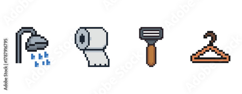 Pixel art bathroom essentials: shower, toilet paper, razor, hanger