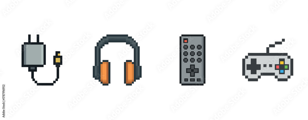 Obraz premium Pixel art electronics: charger, headphones, remote, gamepad on white background