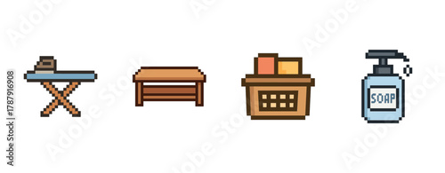 Pixel art of ironing board, wooden bench, laundry basket, and soap dispenser in a row