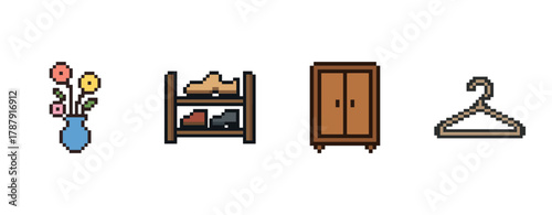 Pixel art home essentials: vase, shoe rack, wardrobe, hanger