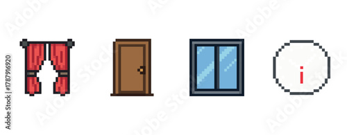 Pixel art: curtain, door, window, and clock on white background