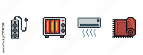 Pixel art appliances: power strip, heater, air conditioner, vacuum cleaner