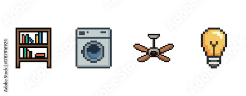 Pixeled bookshelf, washing machine, ceiling fan, and light bulb icons in retro style