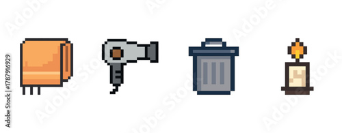 Pixel art set: towel, hairdryer, trash can, candle icon collection