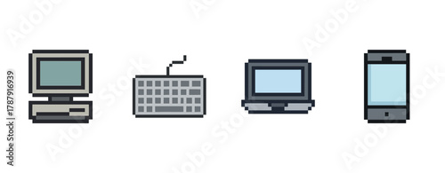 Evolution of technology: pixel art of desktop computer, keyboard, monitor, and smartphone