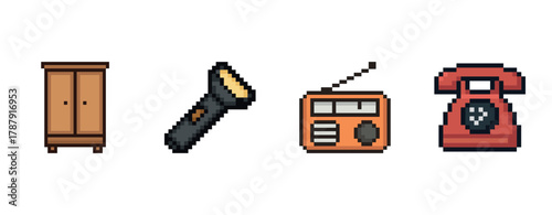 Retro pixel art icons of wardrobe, flashlight, radio, and telephone