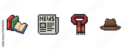 Pixel art objects: books, newspaper, scarf, hat