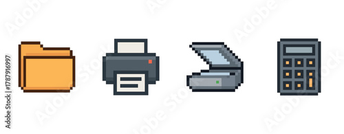 Pixel art office supplies: folder, printer, scanner, calculator icons