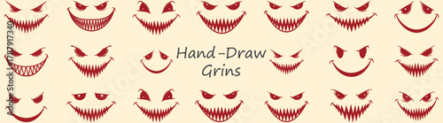 Creepy Smile Icons Vector Pack Evil Grin Graphic Designs Sharp Teeth Designs Funny Face Collection Scary Halloween Theme