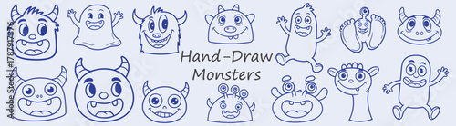 Hand Drawn Monster Illustrations Cute Characters Funny Faces Happy Cartoon Set Friendly Graphics for Kids Art Design