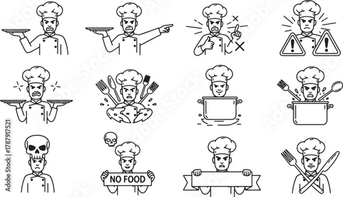 Chef set illustrations in upset mood with warning sign, utensil and skull