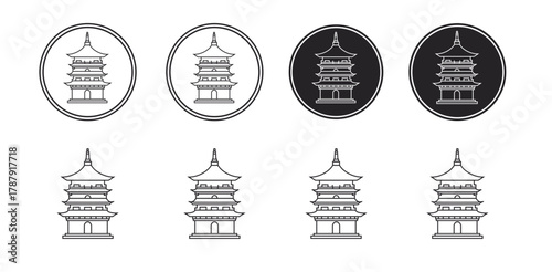 Japanese Pagoda Icon Set Outline Style Architecture Black and White Vector Illustration Building Temple Design Symbol
