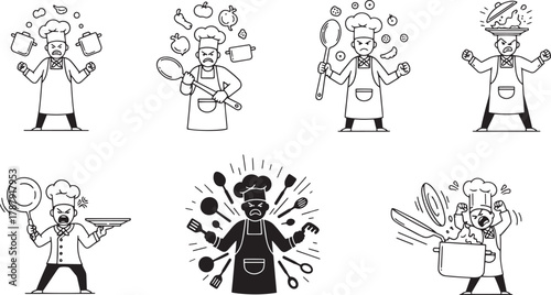 Outline cartoon chef in different poses with kitchen tools on transparent background