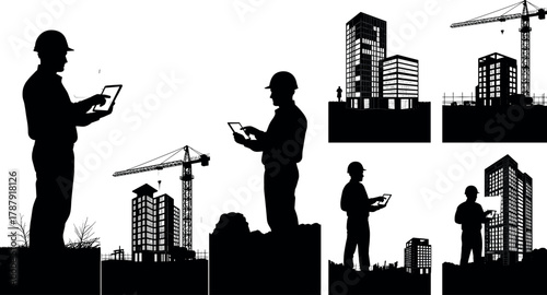 Construction workers with tablets silhouette set, digital site management illustration, smart building technology concept, vector urban development scene, black and white graphic