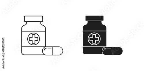 Pharmacy Icon Minimalist Medicine Bottle Pill Illustration Health Medication Capsule Vector Black White Treatment