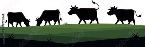 Cows grazing on green hills, stylized farm animal silhouette vector illustration for decor, logo, editorial, tattoo, and nature-themed design use