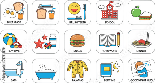 Daily Routine Chart for Kids – Illustrated Schedule with Activities and Time-of-Day Icons