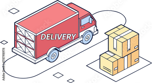 Red delivery truck in an isometric top view, showcasing its cargo and compact design for efficient transportation.