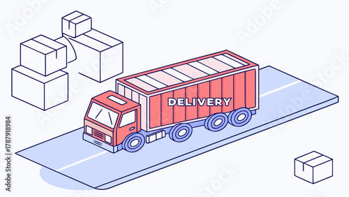 Top-down isometric illustration of a red delivery truck, featuring a detailed view of its cargo and overall design.