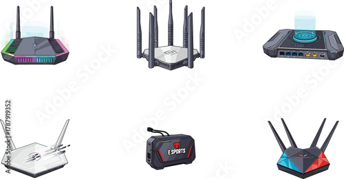Wireless router, gaming router, portable hotspot, antenna device, internet access, network equipment, signal booster, connectivity icon, tech gear, vector set