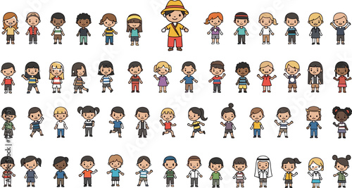 Diverse Group of Cartoon Children – Multicultural Kids in Colorful Clothing and Unified Poses