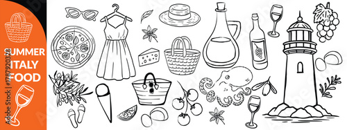 Summer Italy food print, hand drawn travel Mediterranean icon set Italian vintage vacation emblem. Traditional cuisine elements, Amalfi lemon silhouette wine glass bottle. Italy summer coastal big set