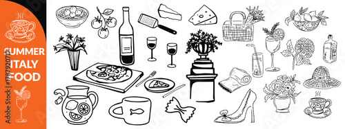 Summer Italy food print, hand drawn travel Mediterranean icon set Italian vintage vacation emblem. Traditional cuisine elements, Amalfi lemon silhouette wine glass bottle. Italy summer coastal big set