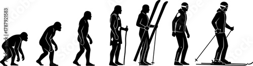 Evolution of man to skier, black and white vector illustration, human development stages, winter sport concept, humorous skiing transformation art
