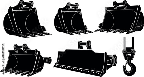 Excavator attachment icon set, cartoon digging bucket, grading blade, and lifting hook illustration, vector construction equipment concept, black and white graphic