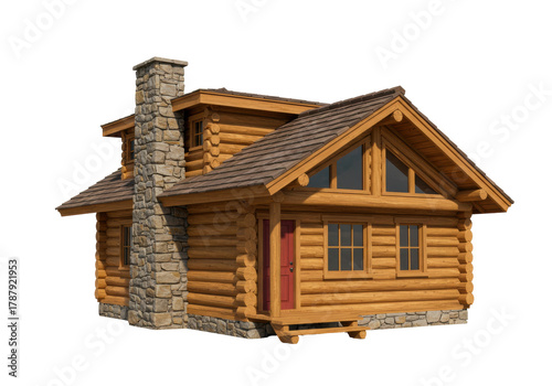 Obraz na płótnie Isolated log cabin building with stone chimney and brown roof for real estate de